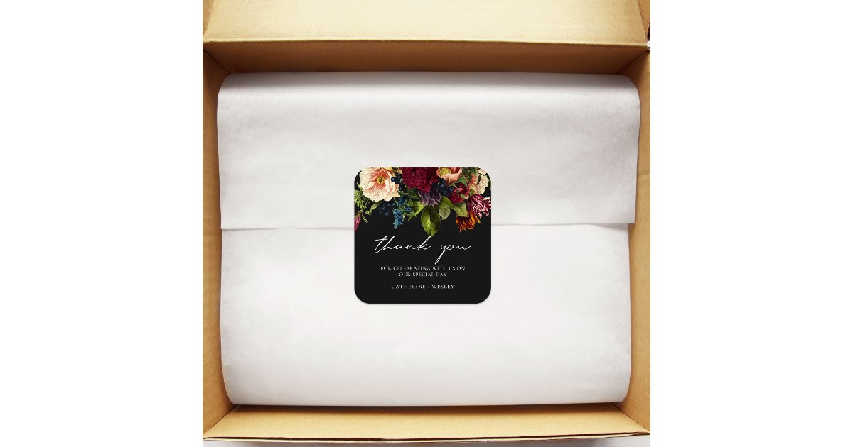 Black Moody Floral Burgundy Wedding Square Sticker | Zazzle