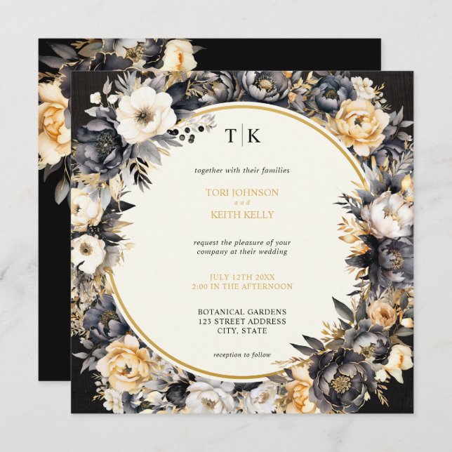 Black Moody Floral QR Code RSVP Wedding Invitation (Front/Back)