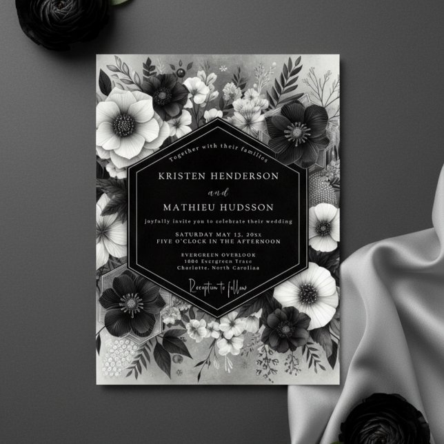 Black Moody Floral Romance Wedding Invitation (Creator Uploaded)