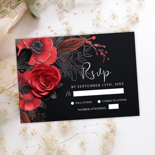 Black Moody Gothic Floral Dark Wedding RSVP Card