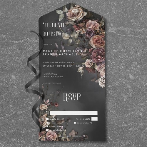 Black Moody Gothic Flowers  Mist Dinner All In One Invitation