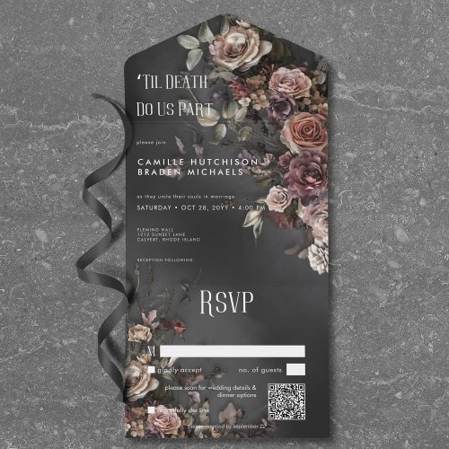 Black Moody Gothic Flowers  Mist QR Code All In One Invitation