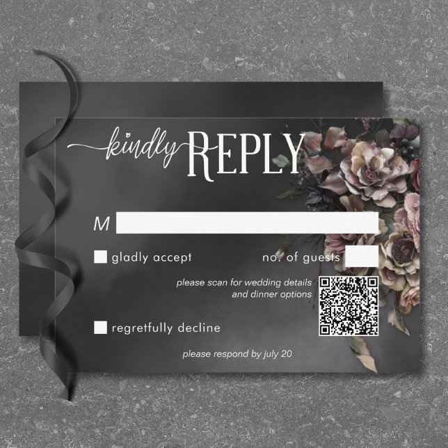Black Moody Gothic Flowers & Mist QR Code RSVP Card (Black Moody Gothic Flowers & Mist QR Code RSVP Card)
