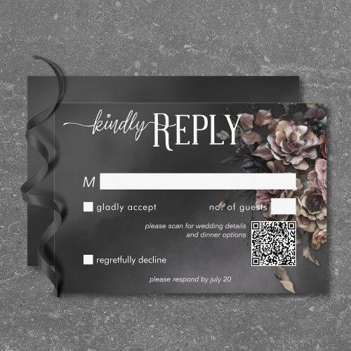 Black Moody Gothic Flowers  Mist QR Code RSVP Card