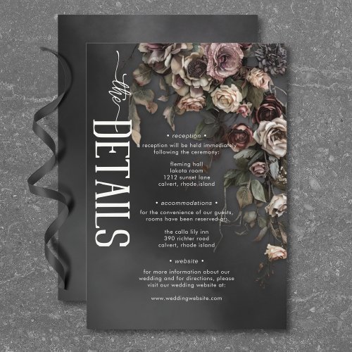 Black Moody Gothic Flowers  Mist Wedding Details Enclosure Card