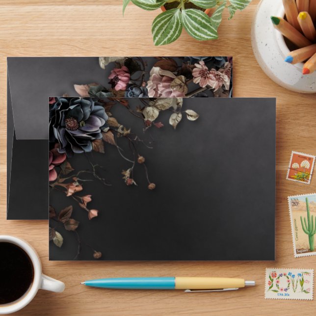 Black Moody Gothic Flowers & Mist Wedding Envelope (Desk)