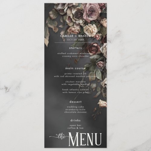 Black Moody Gothic Flowers  Mist Wedding Menu