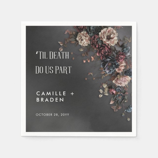Black Moody Gothic Flowers & Mist Wedding Napkins (Front)
