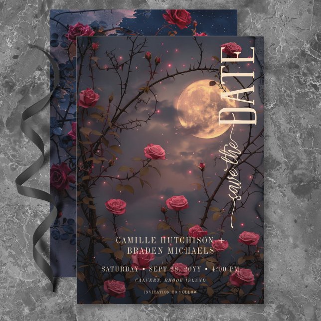 Black Moody Gothic Moon & Red Roses Wedding Save The Date (Black Moody Gothic Moon & Red Roses Wedding Save The Date)