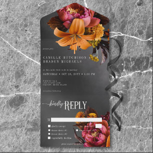 Black Moody Gothic Orange Lily Wedding Dinner All In One Invitation