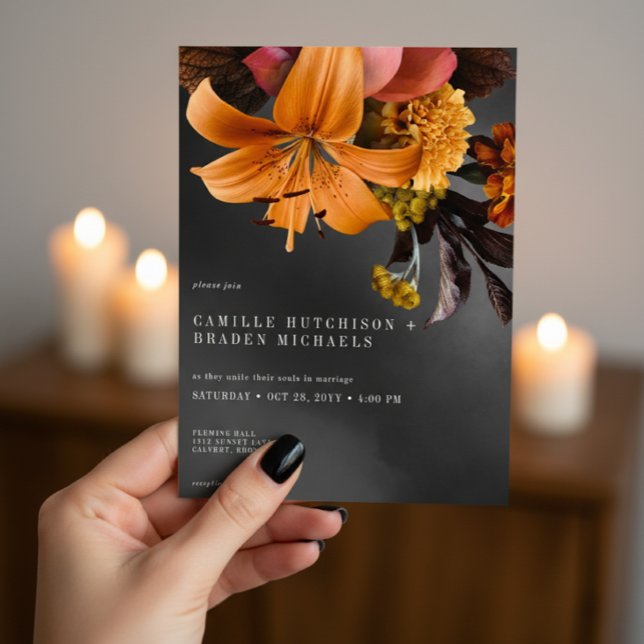 Black Moody Gothic Orange Lily Wedding Invitation (Creator Uploaded)