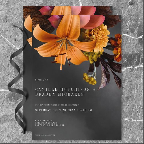 Black Moody Gothic Orange Lily Wedding Invitation