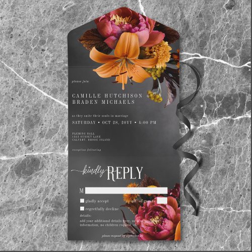 Black Moody Gothic Orange Lily Wedding No Dinner All In One Invitation