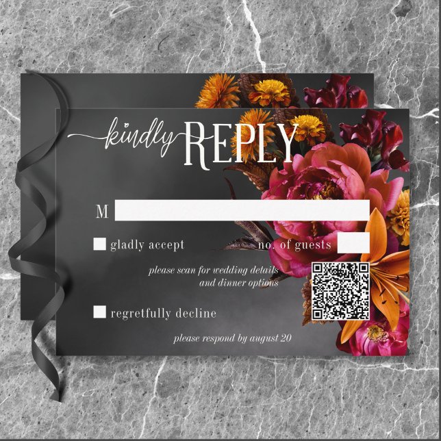 Black Moody Gothic Orange Lily Wedding QR Code RSVP Card (Black Moody Gothic Orange Lily Wedding QR Code RSVP Card)