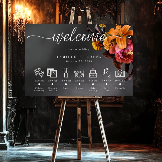 Black Moody Gothic Orange Lily Wedding Timeline Foam Board (Creator Uploaded)