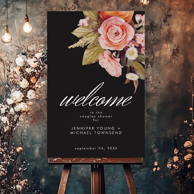 Black Moody Pink Blush Bloom Bridal Shower Welcome Foam Board (Black Moody Pink Blush Blooms Bridal Shower Welcome Sign)