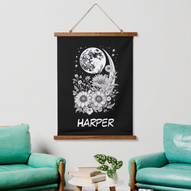 black moon and flowers customized with name hanging tapestry (Living Room)