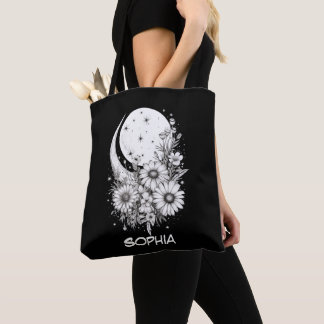 black moon and flowers customized with name tote bag