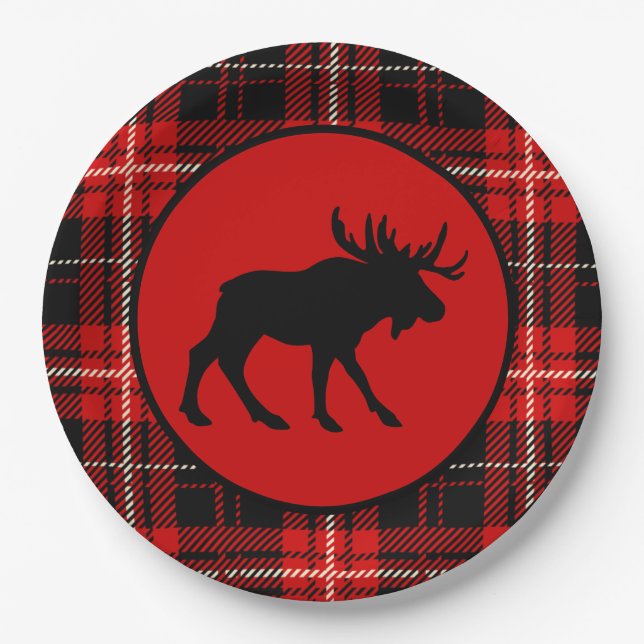 Black Moose Red Black Plaid Paper Plates (Front)