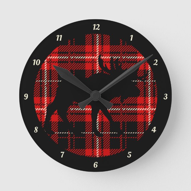 Black Moose Red Black Plaid Round Clock (Front)