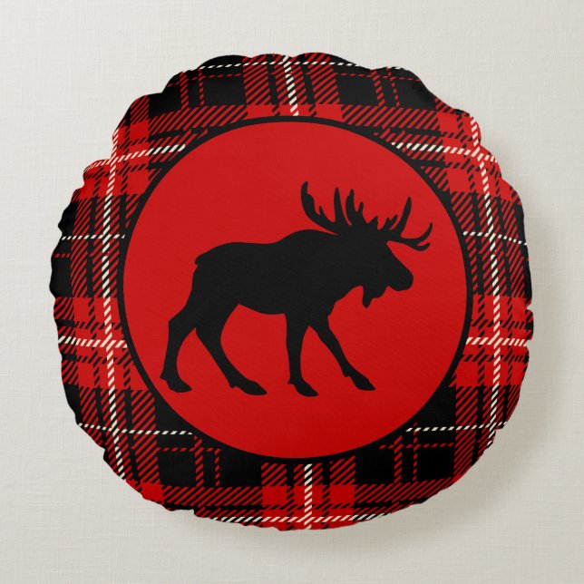 Black Moose, Red Plaid Cabin Round Pillow (Front)
