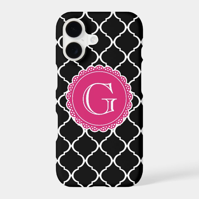 Black Moroccan Lattice Pattern Hot Pink Monogram Iphone Case (Back)