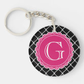 Pink and Lime Green Quatrefoil Monogram Keychain