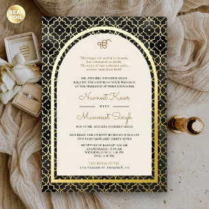 Black Moroccan Pattern Sikh Arch Wedding Gold Foil Invitation