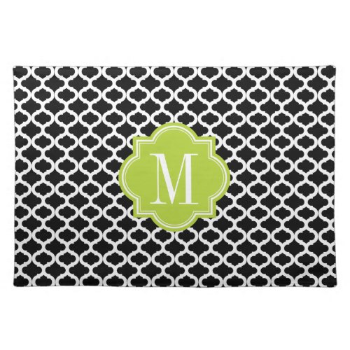 Black Moroccan Pattern with Lime Green Monogram Cloth Placemat