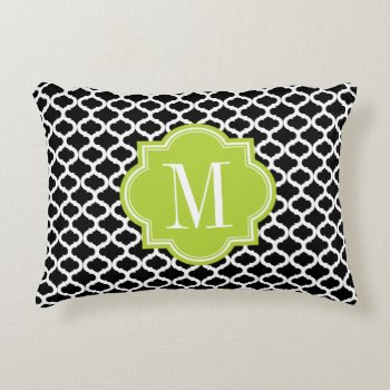 Black Moroccan Pattern With Lime Green Monogram Decorative Pillow by PastelCrown at Zazzle
