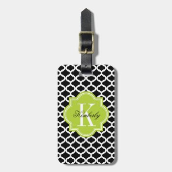 Black Moroccan Pattern With Lime Green Monogram Luggage Tag by PastelCrown at Zazzle