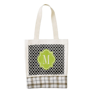 Black Moroccan Pattern with Lime Green Monogram Zazzle HEART Tote Bag