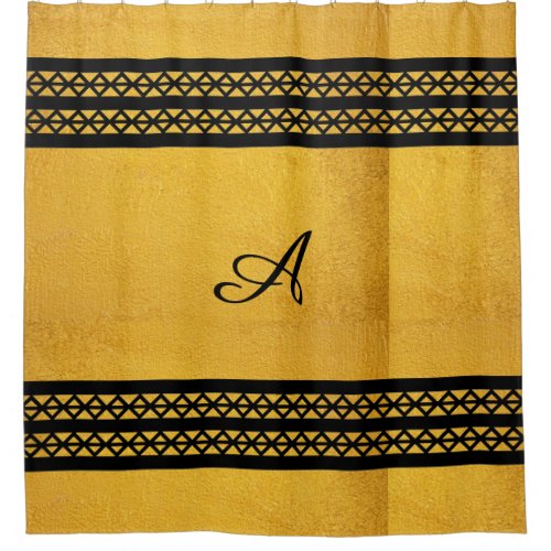 Black Moroccan Style Design and Monogram on Gold Shower Curtain
