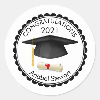 Black Mortar  Diploma Your Name Graduation Sticker by IrinaFraser at Zazzle