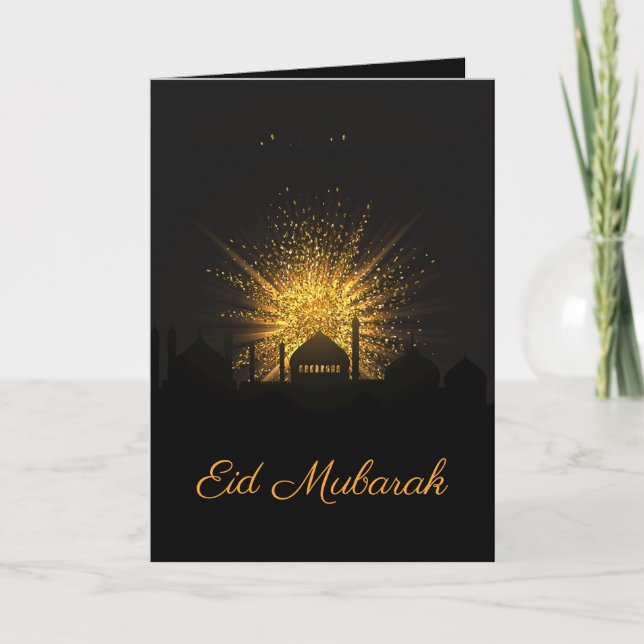 Black Mosque & Golden Sparkle Holiday Eid Mubarak Card (Front)