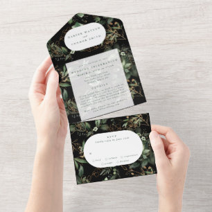Black Moss Eucalyptus Modern Fall Wreath Wedding All In One Invitation