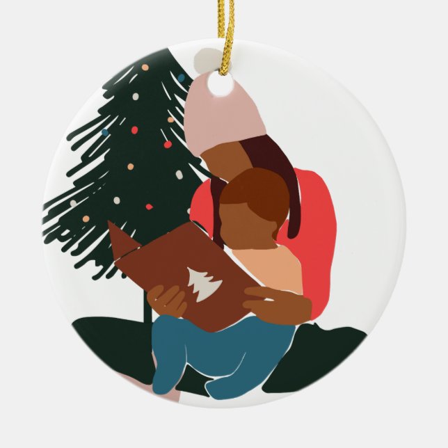 Black Mother/Son Holiday Christmas Ceramic Ornament (Front)