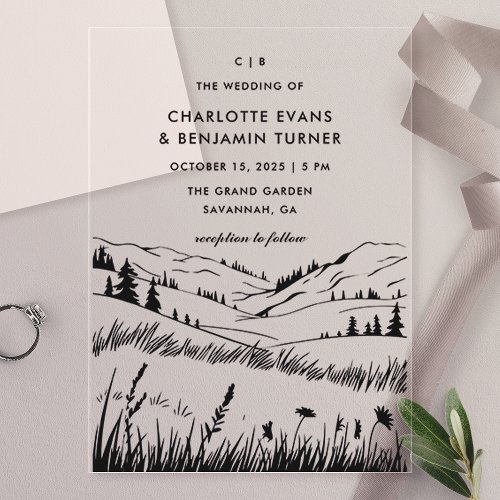 Black Mountain Landscape Wedding Acrylic Invitations