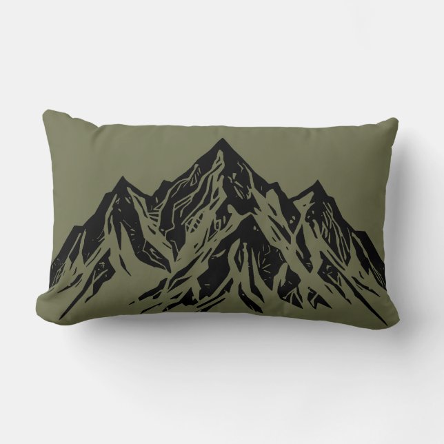 Black Mountain Peak | Modern Moss Green Hiking Lumbar Pillow (Front)