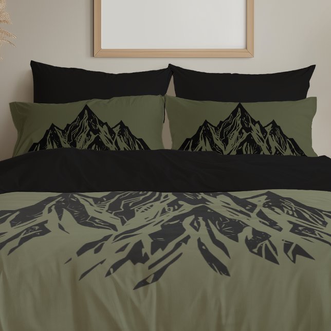 Black Mountain Peaks | Modern Moss Green Hiking Pillow Case (Creator Uploaded)