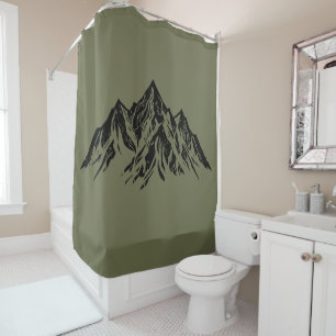 Black Mountain Peaks   Modern Moss Green Hiking Shower Curtain