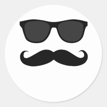 Black Moustache And Sunglasses Humour Gift Classic Round Sticker by MovieFun at Zazzle