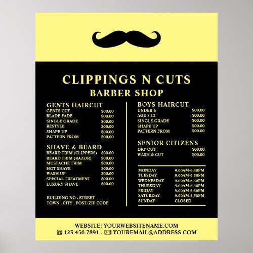 Black Moustache Mens Barbers Price List Poster