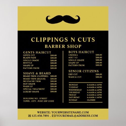 Black Moustache Mens Barbers Price List Poster