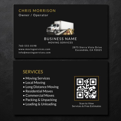 Black Moving Truck Services QR Code Business Card
