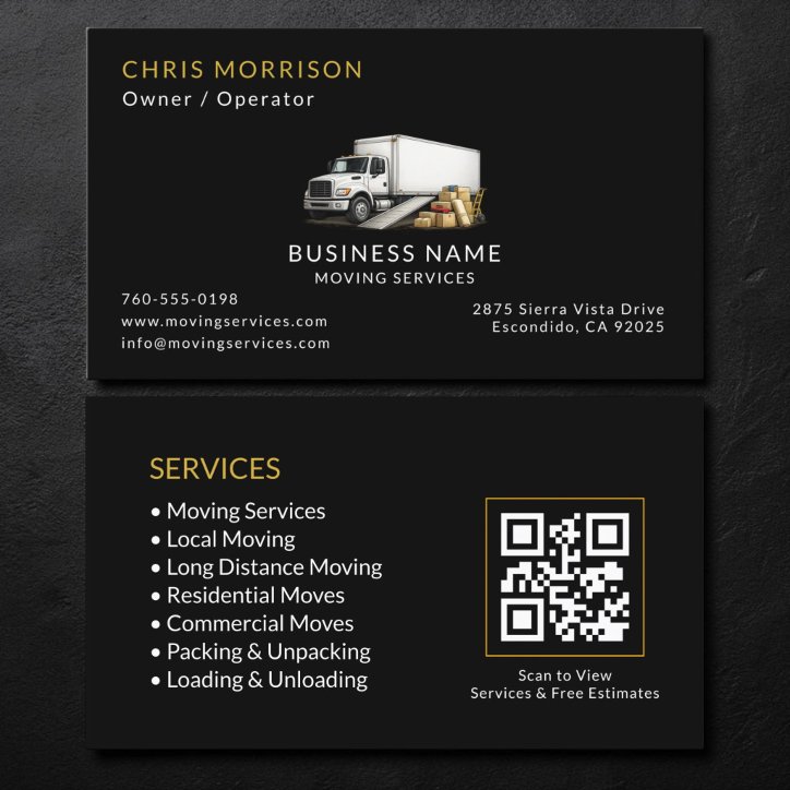 Black Moving Truck Services QR Code Business Card