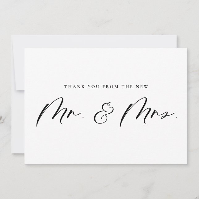 Black Mr. and Mrs. Calligraphy Newlyweds Wedding Thank You Card (Front)