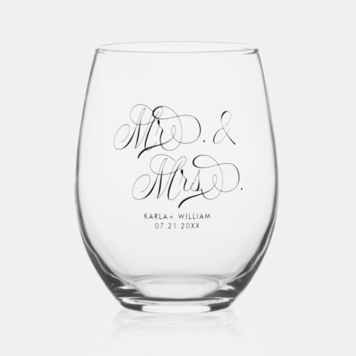 Black Mr and Mrs Elegant Script Typography Stemless Wine Glass