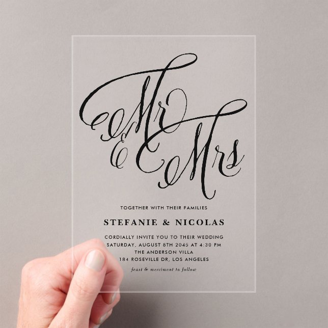 Black Mr. and Mrs. Rustic Calligraphy Wedding  Acrylic Invitations (Insitu (Handheld))