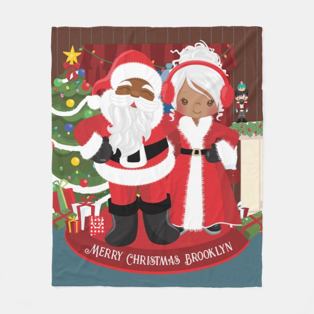 Black Mr. & Mrs. Claus Personalized Fleece Blanket (Front)